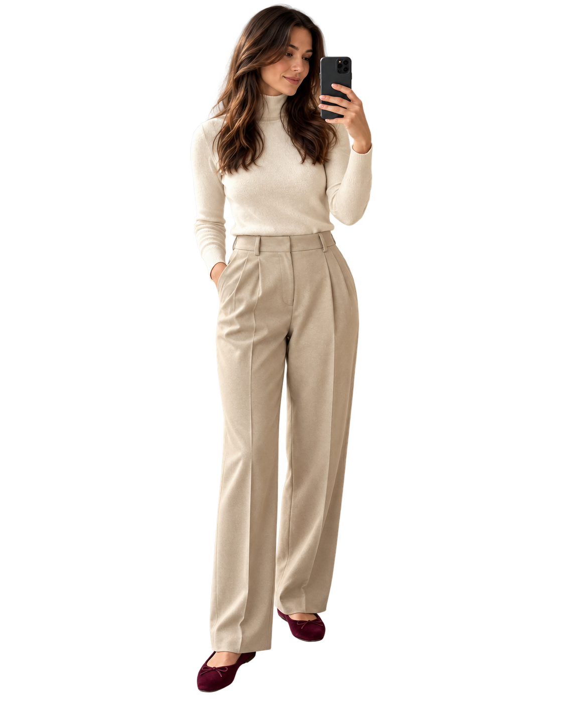A woman in an ivory knit and sand trousers holding a phone to take her outfit photo