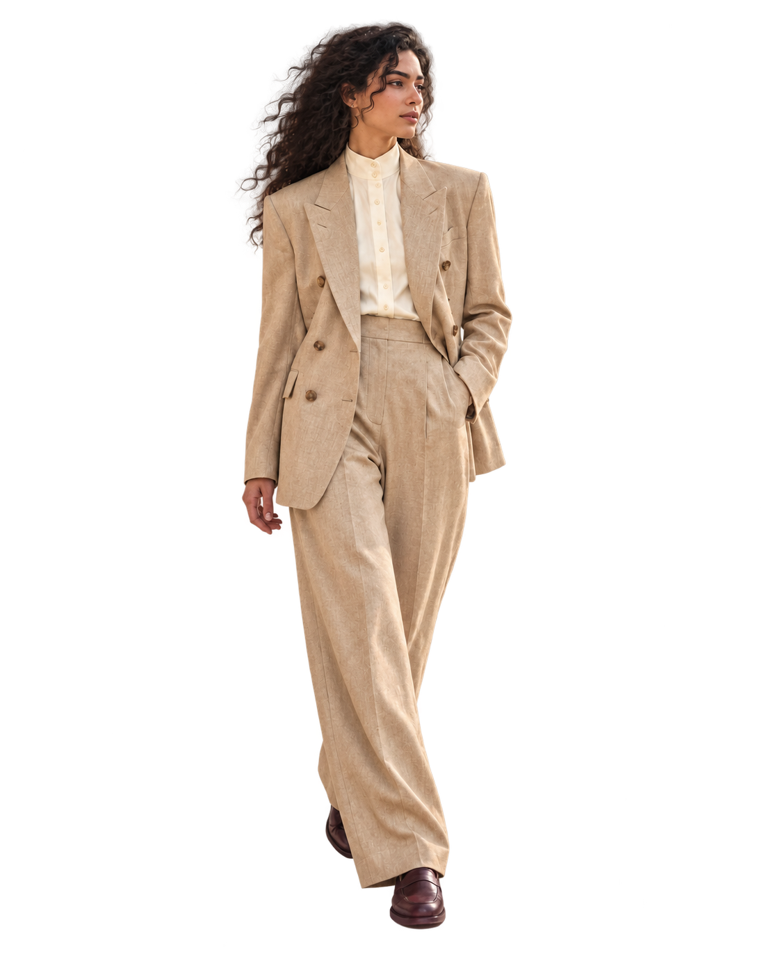 A woman wearing relaxed sand linen tailoring with an ivory blouse and dark loafers