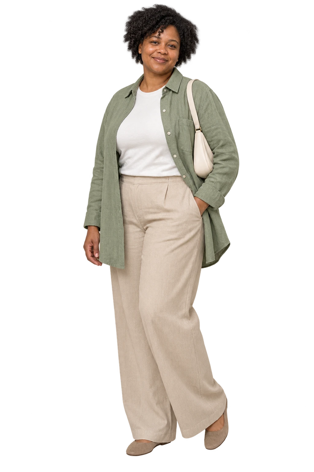 A woman with natural curls wearing a loose sage linen overshirt, warm-white top and sand wide-leg trousers