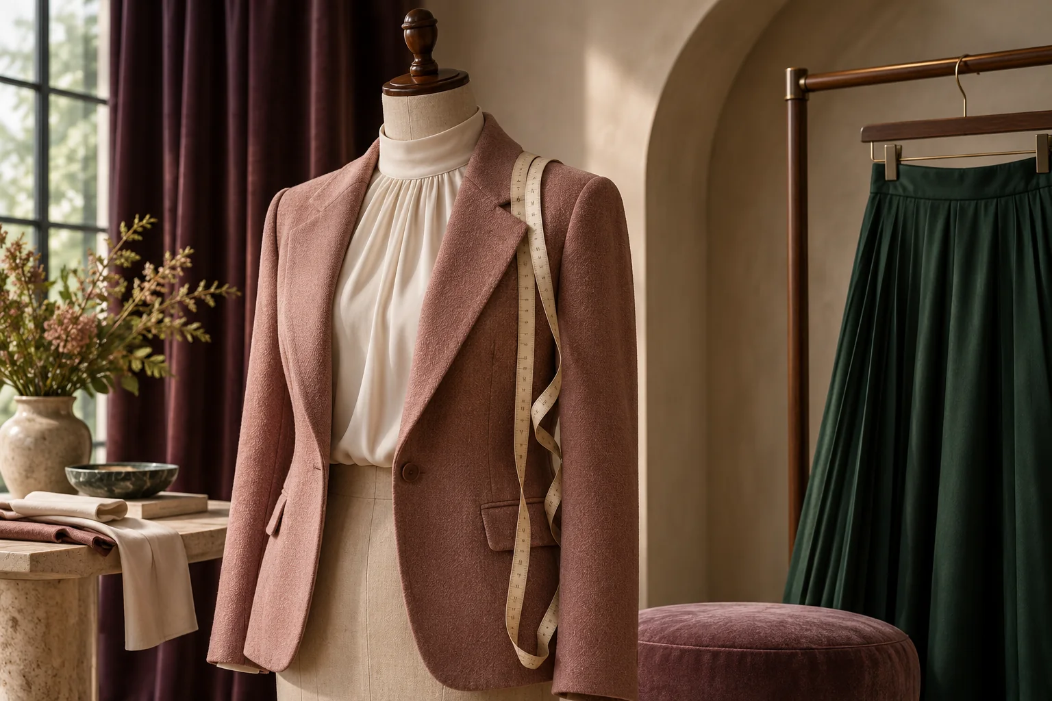 A dusty rose jacket and ivory blouse on a clothed dress form with a fabric tape in a warm luxury atelier