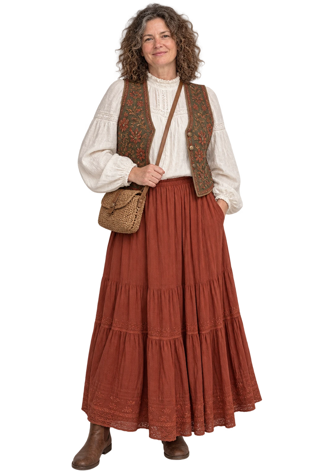 A woman wearing a loose ivory blouse, embroidered waistcoat and a long rust-coloured skirt