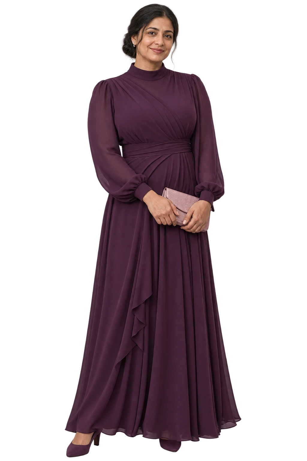 A woman wearing an opaque deep-plum long-sleeved maxi dress with low heels and a small rose clutch