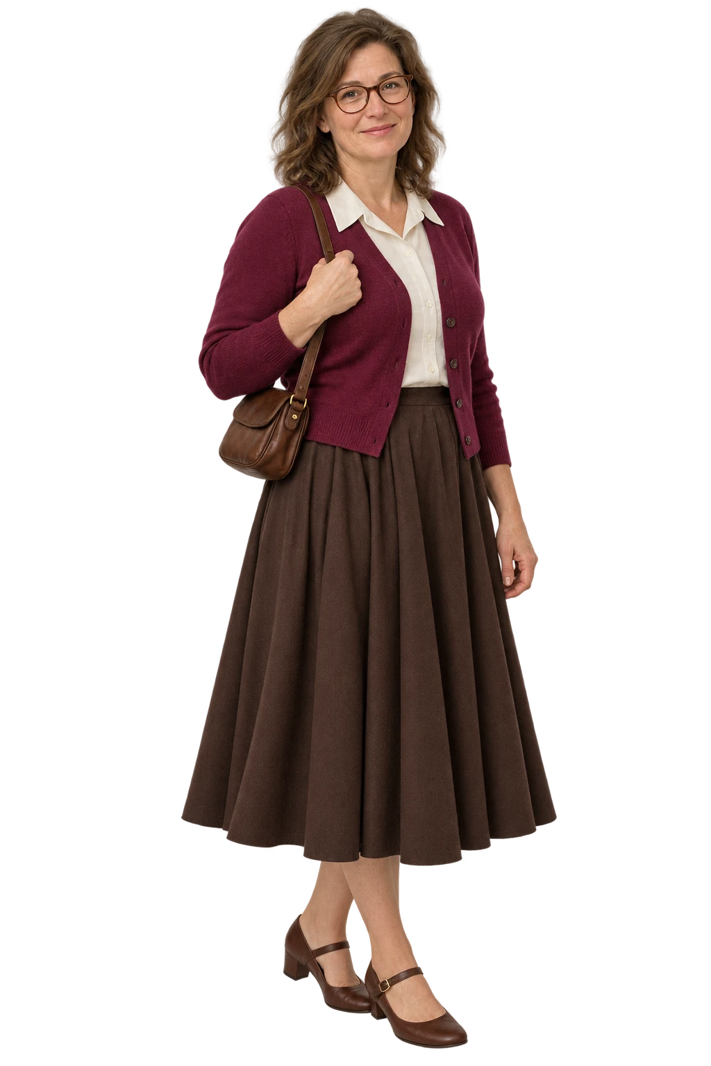 A woman in a berry cardigan, ivory collared blouse, full midi skirt and brown low-heeled shoes