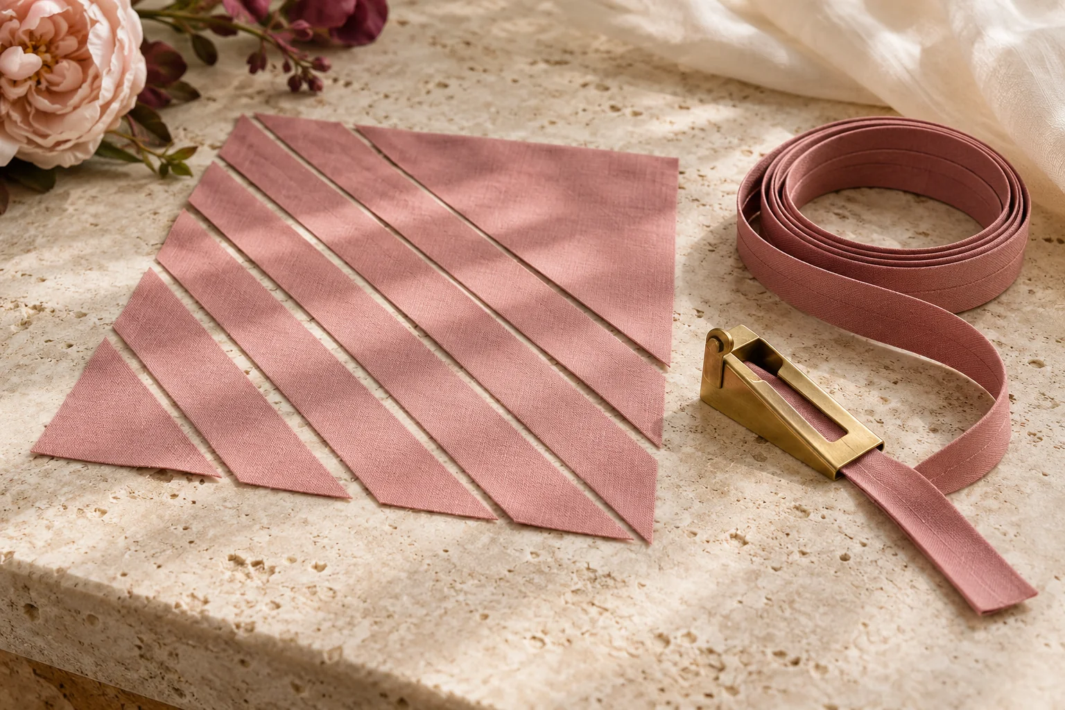 Rose fabric cut into diagonal strips beside coiled binding and a brass tape maker