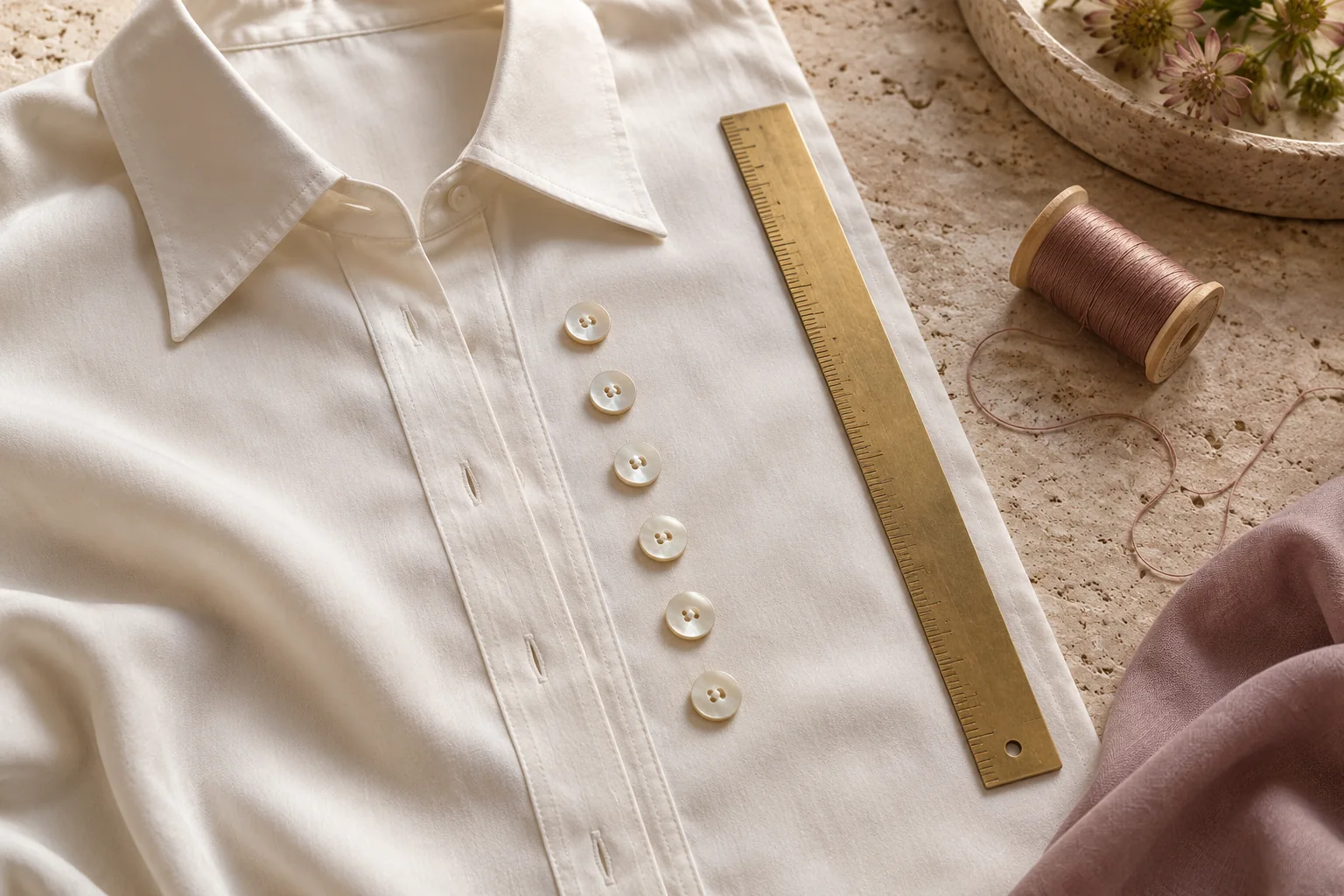 Evenly spaced pearl buttons beside an ivory shirt placket and a brass ruler