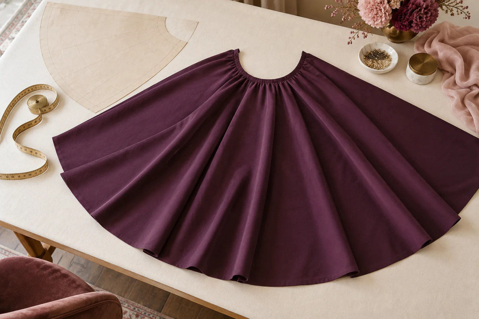 A circular plum skirt panel with a waist opening beside a quarter-circle paper pattern