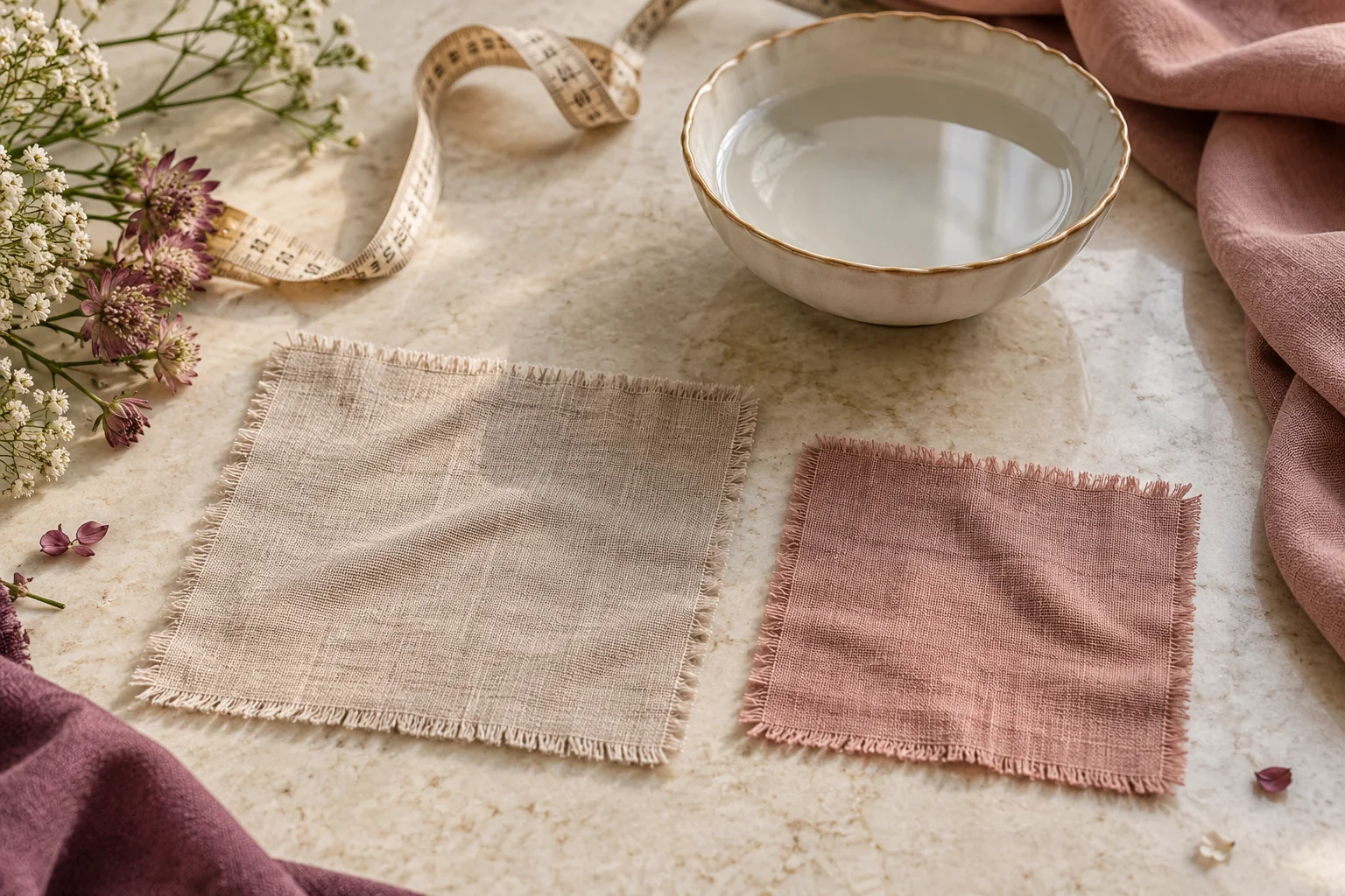 Two cotton swatches of different sizes beside water and a measuring tape