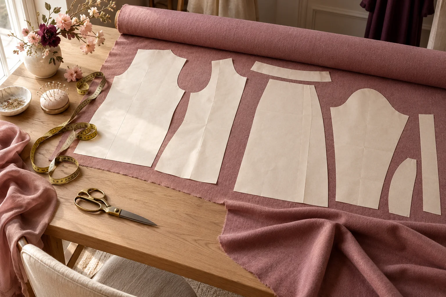 Rose fabric on a cutting table with paper pattern pieces and tailoring tools