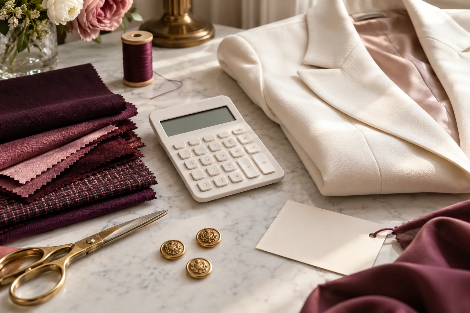 A cream calculator beside fabric swatches, thread and tailoring materials