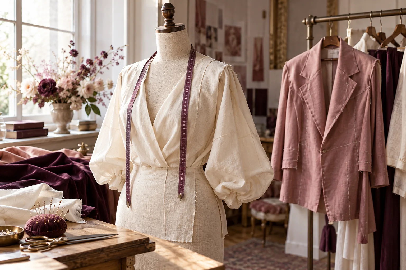 A dress form wearing a soft ivory toile with a measuring tape around the chest