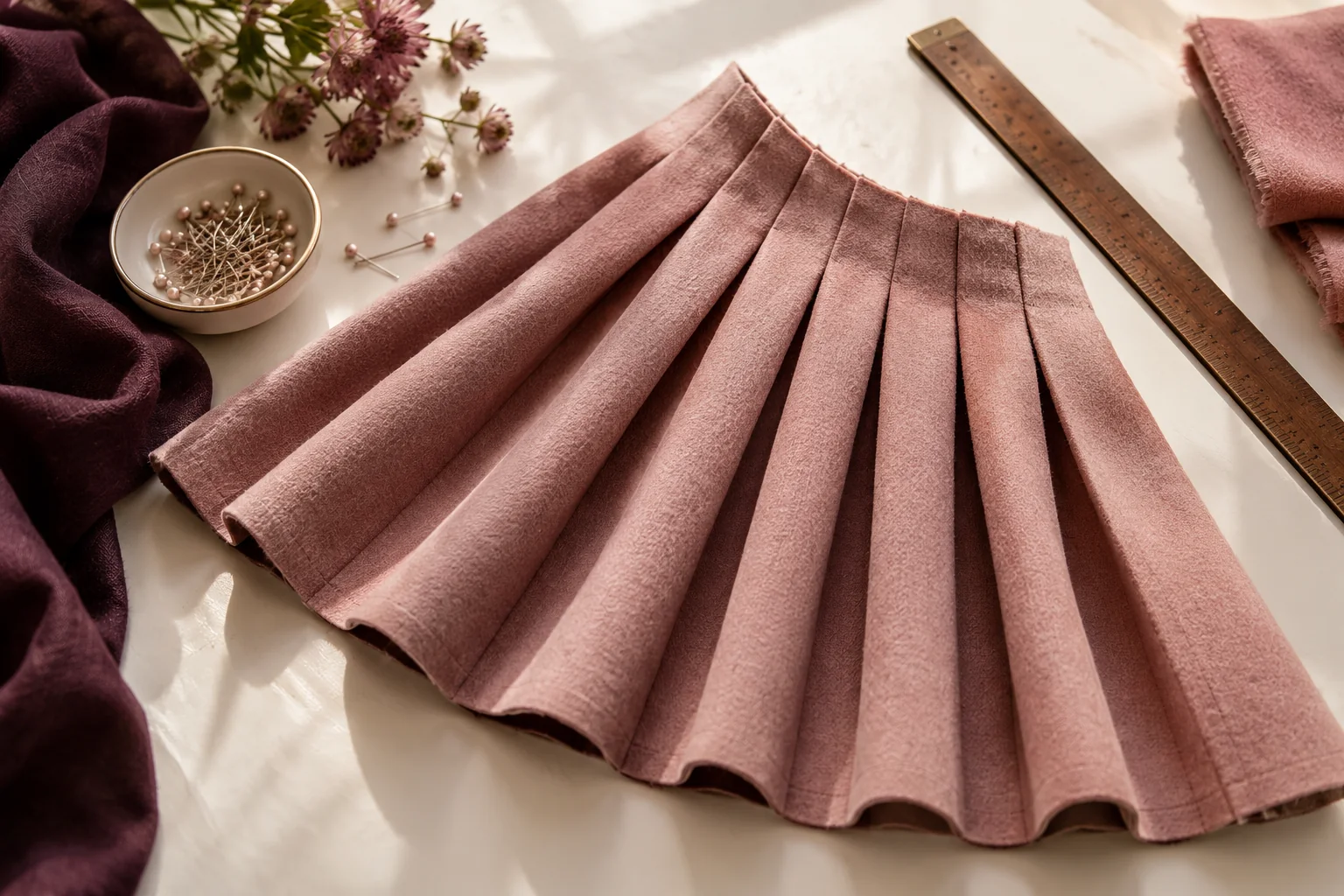 Precise rose wool pleats arranged on an ivory table with dressmaking pins