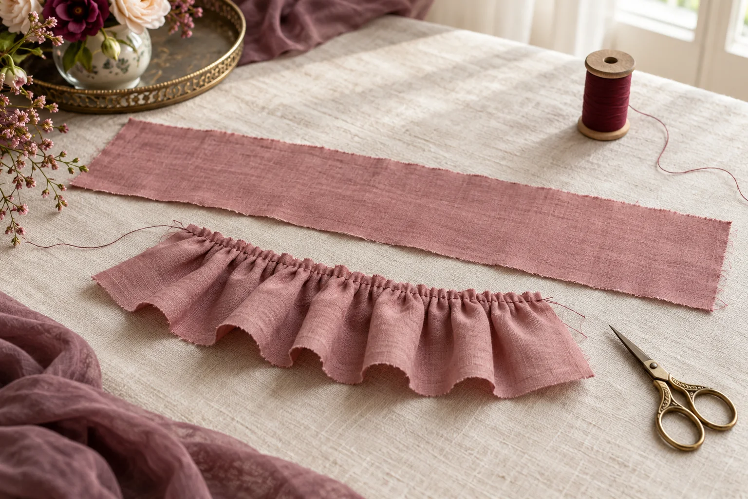 A flat rose cotton strip beside a shorter gathered ruffle and sewing thread