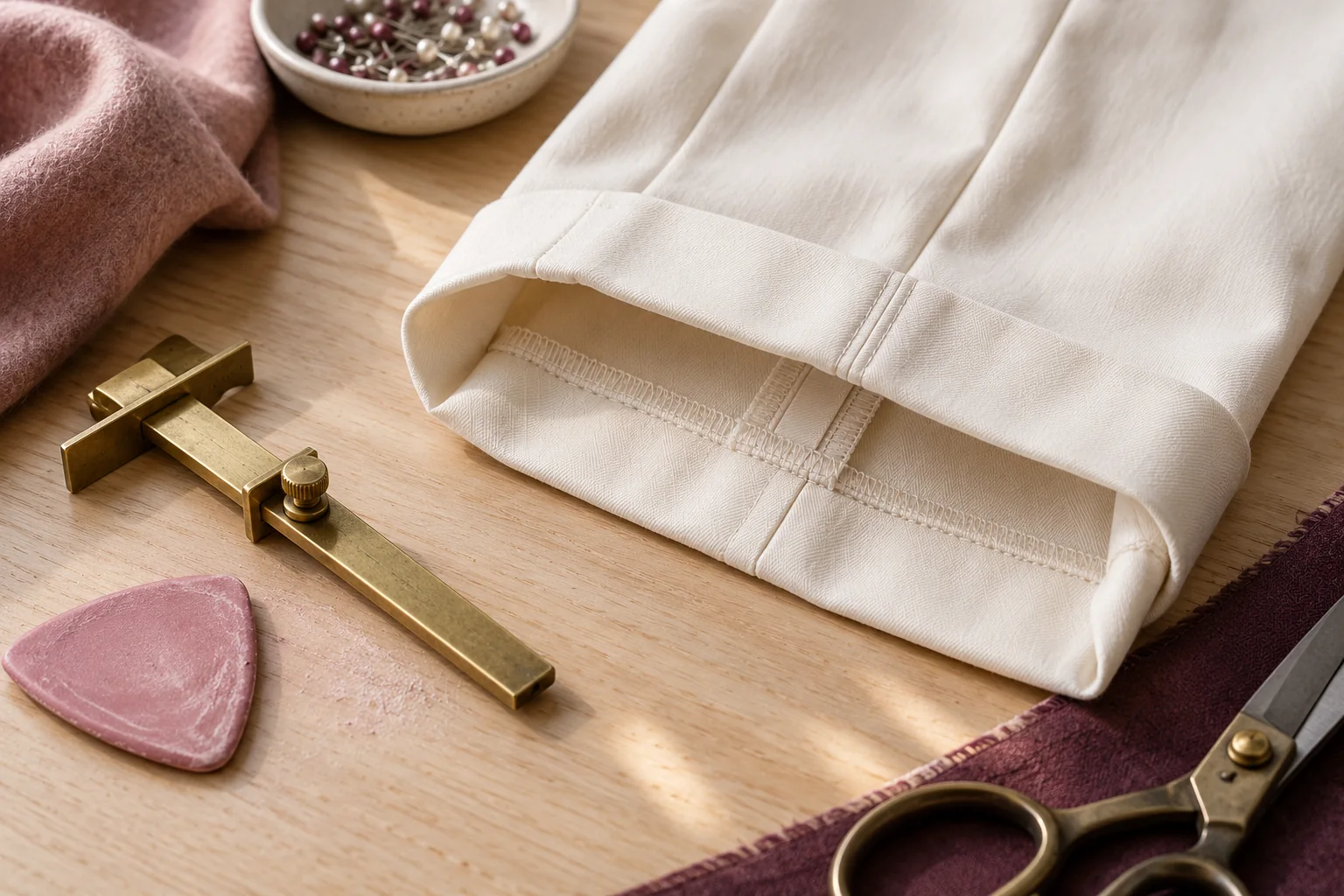 An ivory trouser hem showing neat folds beside a brass seam gauge and tailor’s chalk