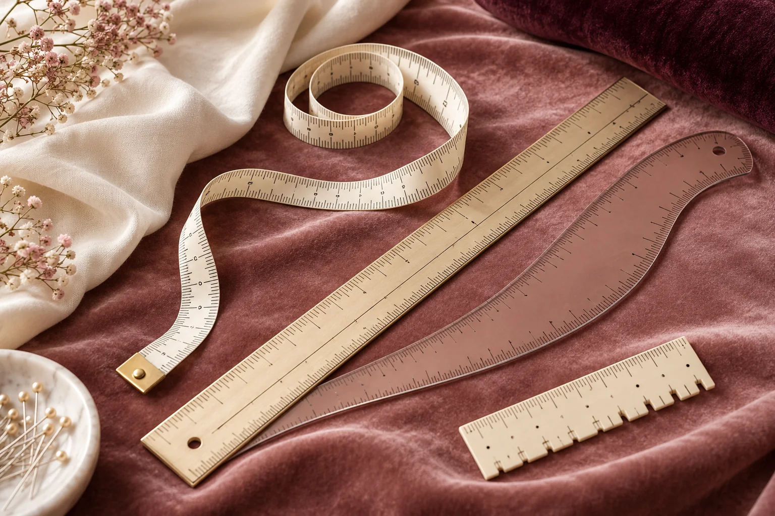 A soft measuring tape and tailor’s rulers on rose velvet beside cream fabric
