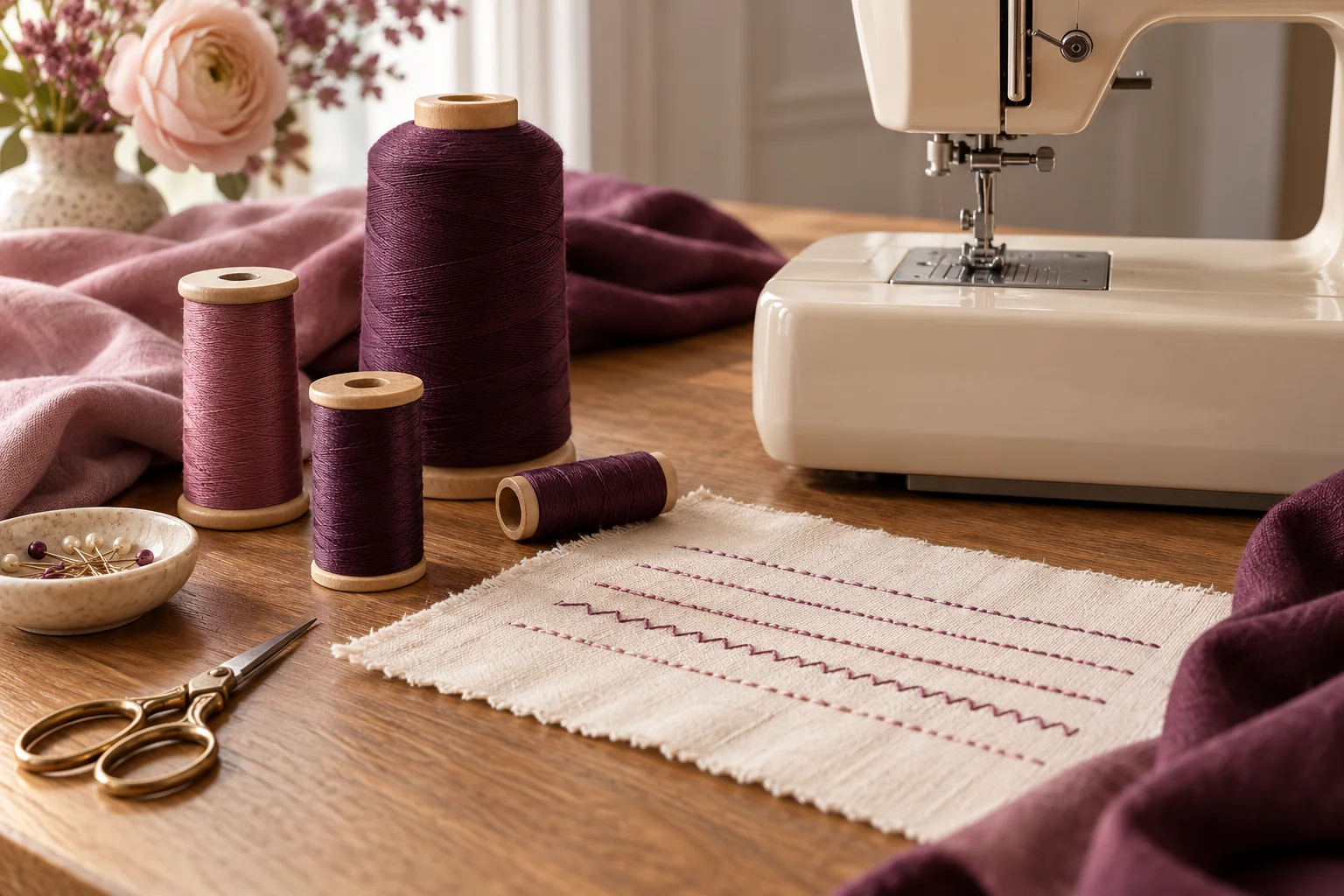 Plum thread spools and an ivory seam sample beside a cream sewing machine